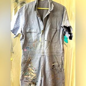 VINTAGED PINSTRIPE SHREDDED PAINTED COVERALLS